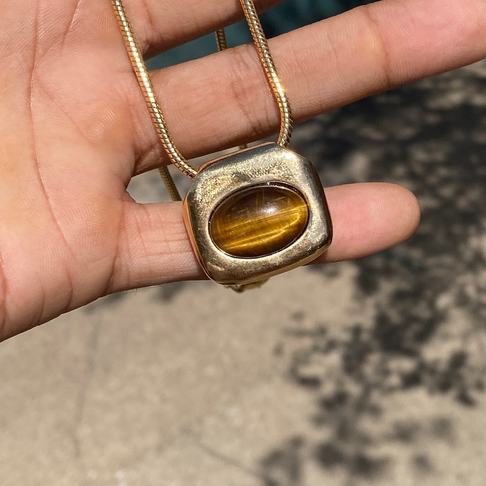 Double sided tigers Eye and Red Coral pendant, with chain.